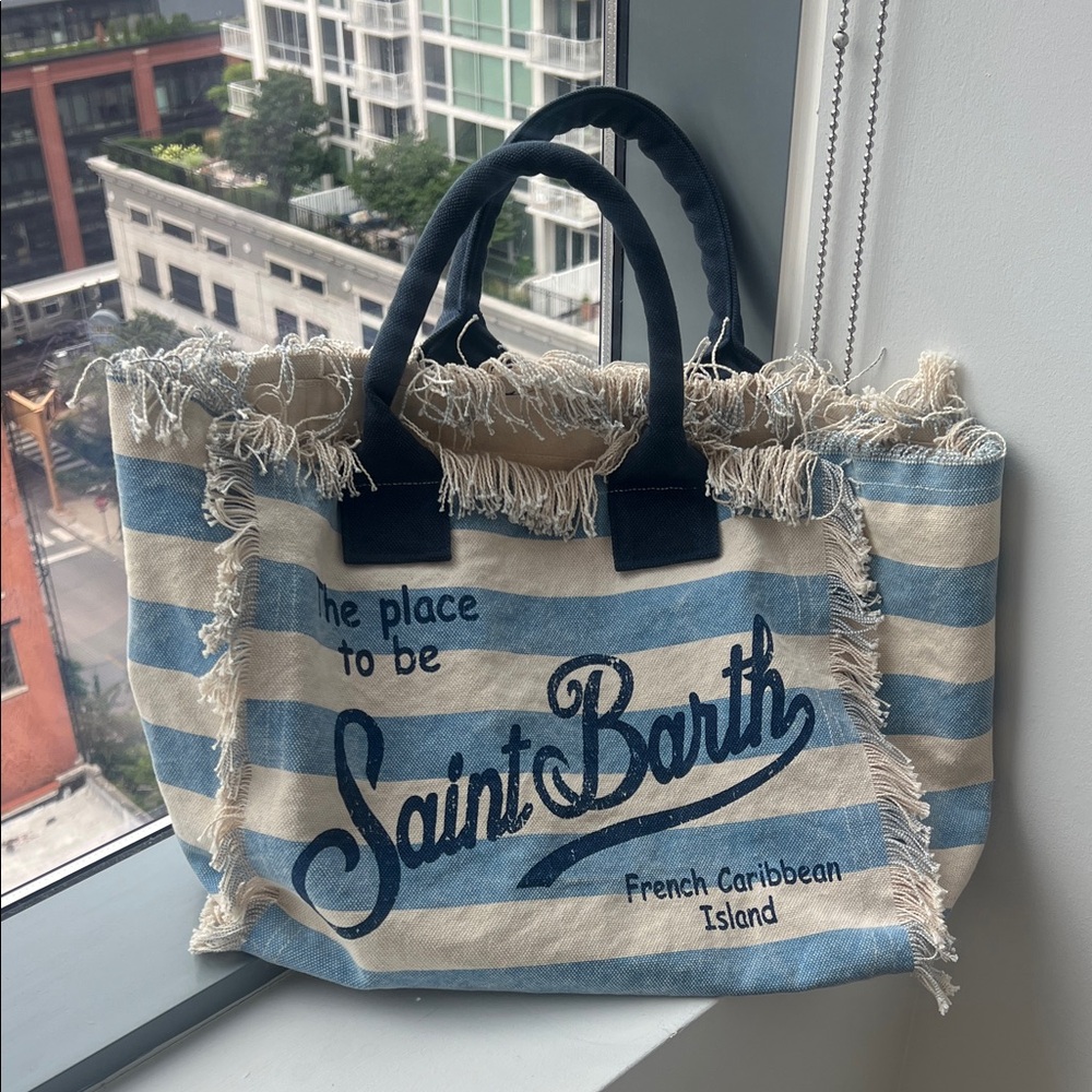 MC2 Saint Barth Blue and Cream Fringed Tote